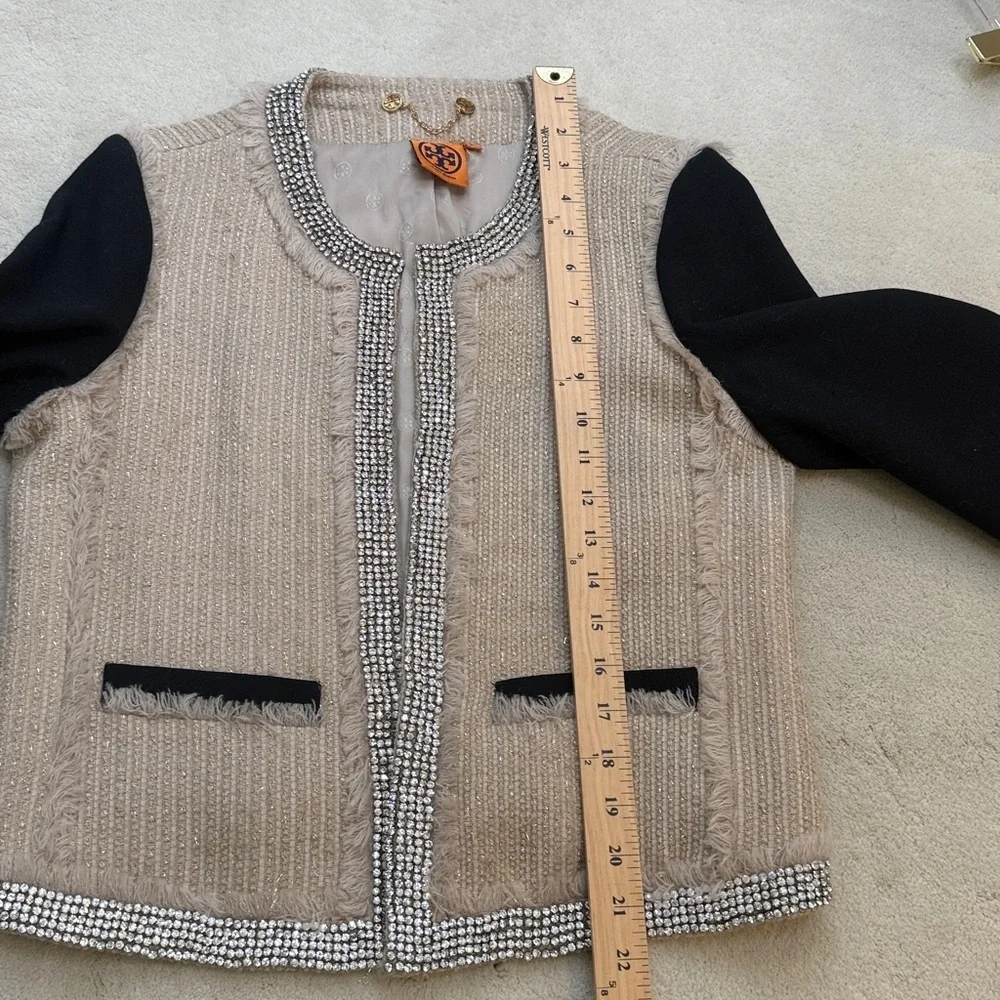 Tory Burch Sairy Bling Wool Tweed Jacket Black Tan Rhinestones Crystals Size 8